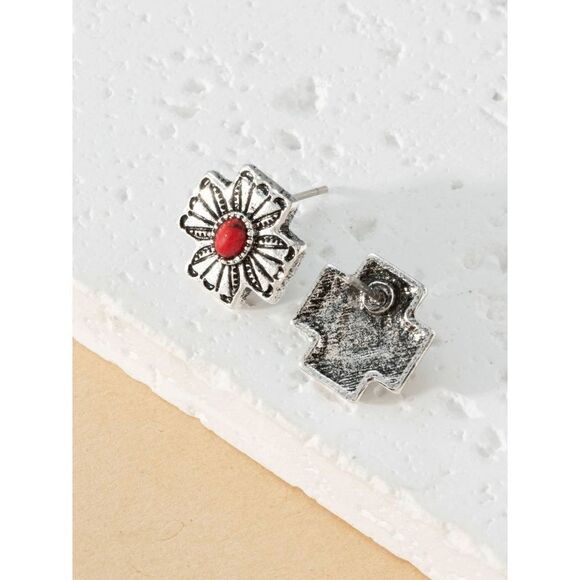 SILVER RED CORAL WESTERN SANTA FE STYLE CROSS STUD EARRINGS - Picture 3 of 5